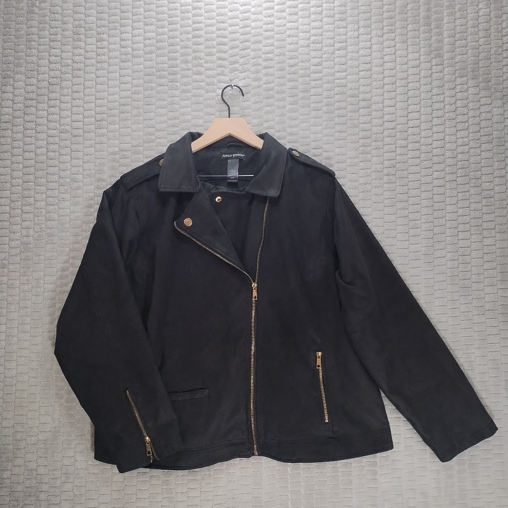 Ashley Stewart Black Faux Suede Moto Jacket with Gold Accents-Edgy-Sz 22/24